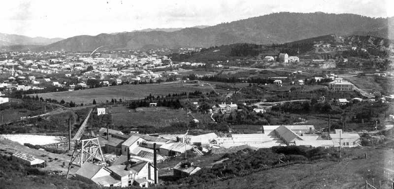 View from Union Hill overlooking the Waihi Battery, and much of the ground now traversed by Mill Stream Walkway